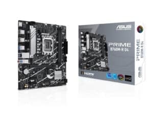 ASUS PRIME B760M-R D4 motherboard and packaging.