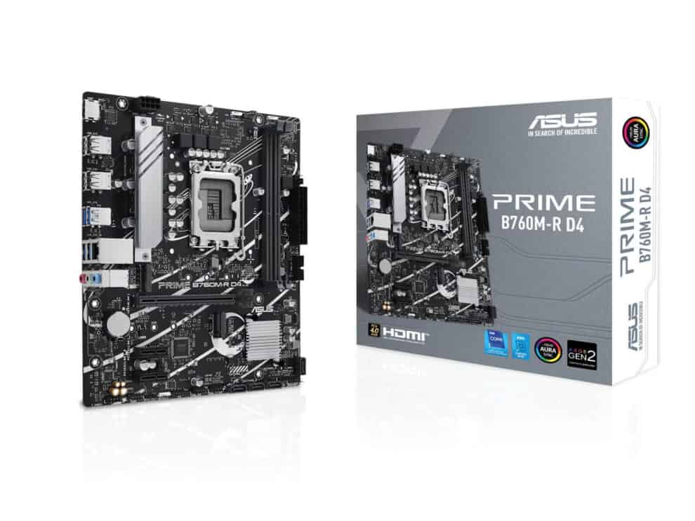 ASUS PRIME B760M-R D4 motherboard and packaging.
