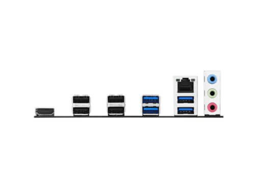 Motherboard I/O ports on white background.