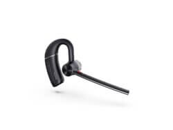 Black wireless Bluetooth earpiece on white background.