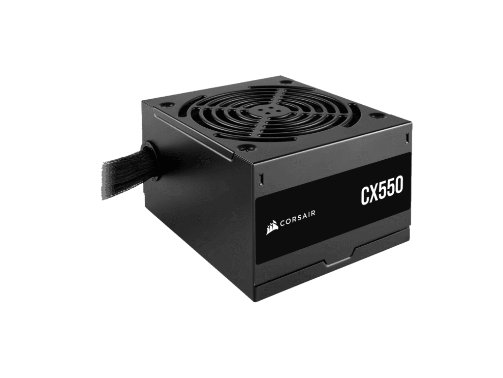 corsair cx series™ cx550 — 550 watt 80 plus® bronze certified psu; 5yr warranty Black Corsair CX550 power supply unit.