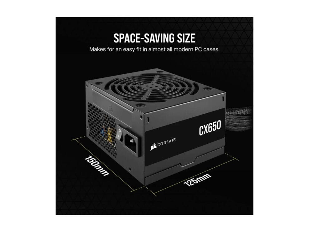 Compact Corsair CX650 power supply with dimensions.