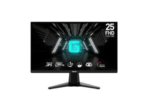MSI gaming monitor displaying futuristic corridor image.