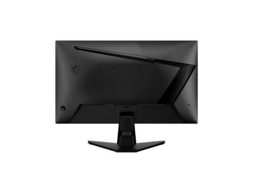 Rear view of black gaming monitor on white background.