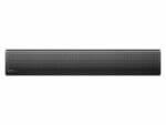Black soundbar speaker isolated on white background.