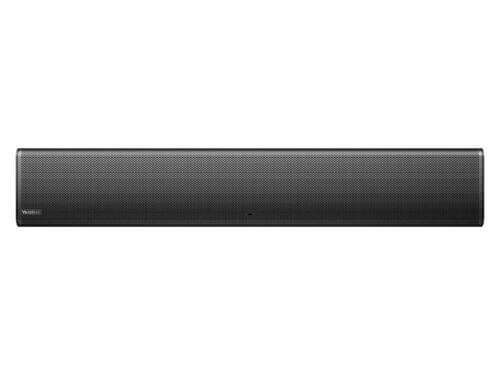 Black soundbar speaker isolated on white background.