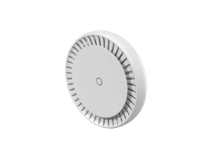 White smoke detector on black background.