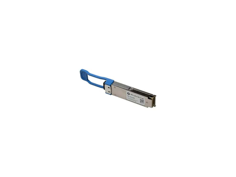 mikrotik qsfp28 40g/100g module 10km sm dual lc upc MikroTik SFP module on white background.