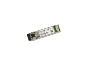 MikroTik SFP+ 10G module on black background.