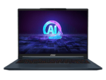 Laptop displaying AI graphic on screen.