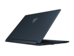 Blue gaming laptop, side view, illuminated keyboard visible.