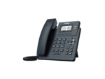 Black modern VoIP desk phone with display.