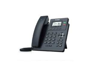 Black modern VoIP desk phone with display.