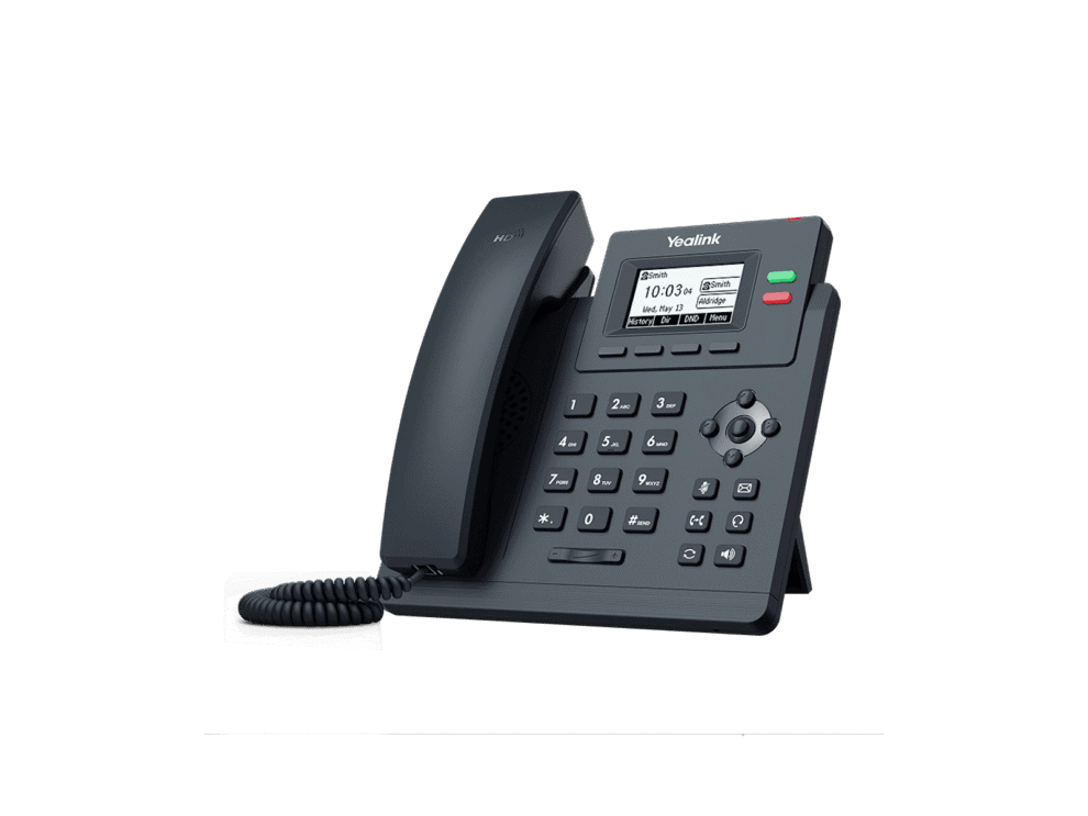 yealink t31w, desktop ip phone with built in wi fi, 10/100mb ethernet, includes psu Black modern VoIP desk phone with display.