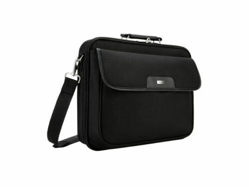 Black laptop shoulder bag isolated on white background.