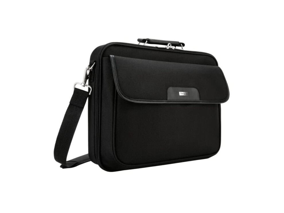 targus 15.6in classic topload black Black laptop shoulder bag isolated on white background.
