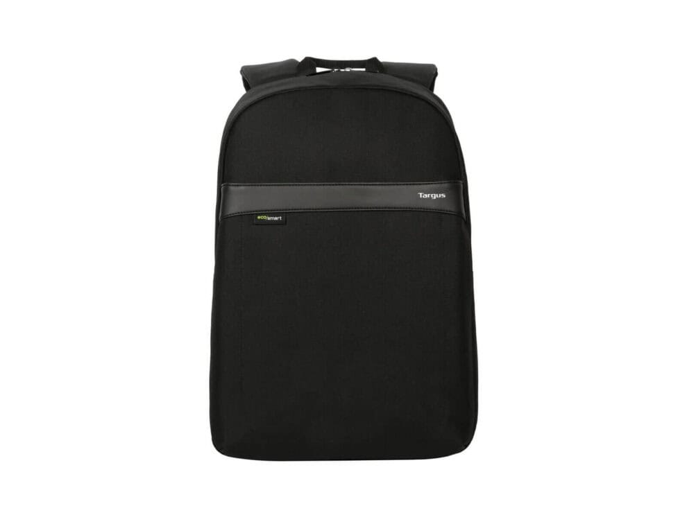 Black Targus EcoSmart backpack isolated on white background.