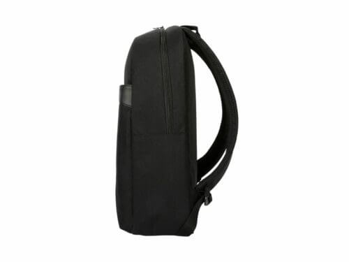Black slim backpack side view on white background