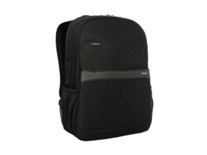 Black Targus laptop backpack on white background.
