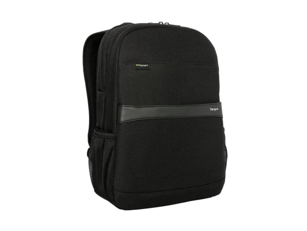 targus 15.6in geolite ecosmart advanced backpack Black Targus laptop backpack on white background.