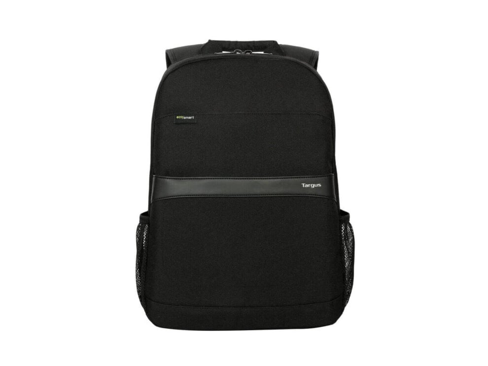 Black Targus EcoSmart backpack isolated on white background.