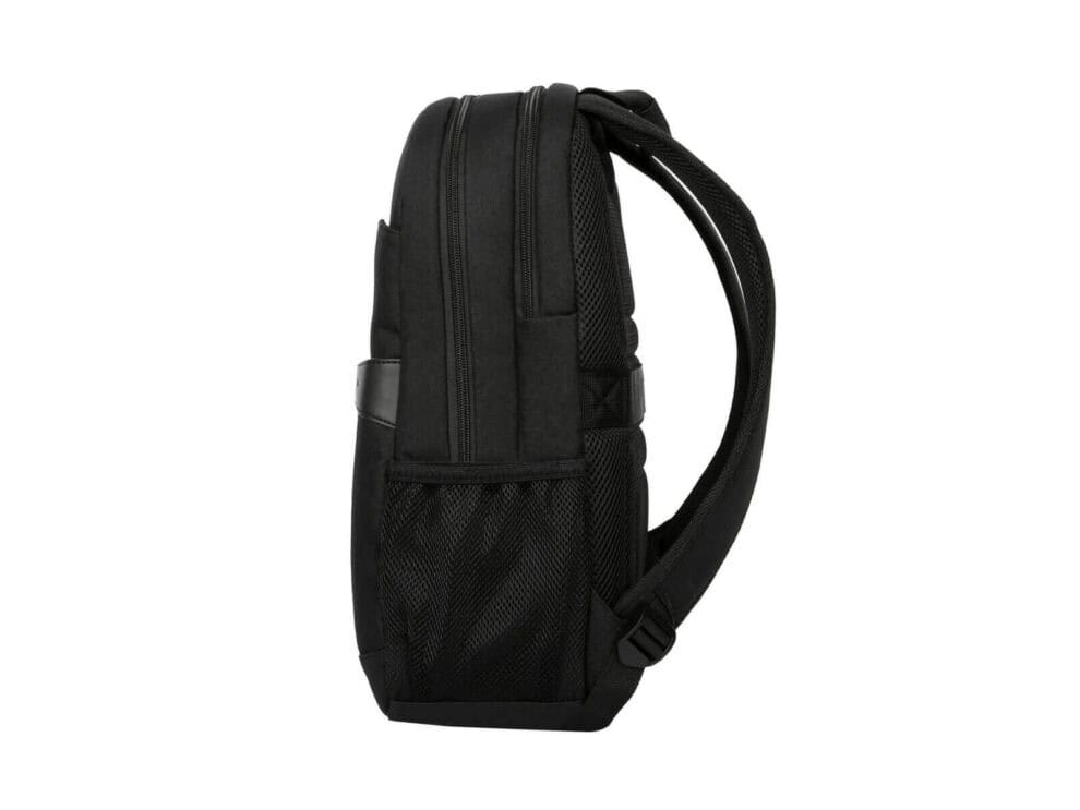 Black slim backpack isolated on white background.