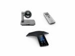 Video conference camera, remote control, and modern smartphone.