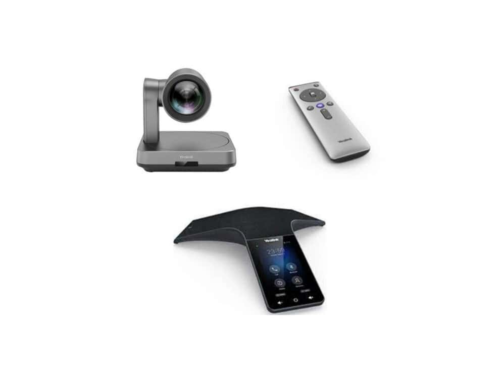 yealink uvc84 byod system for medium boardrooms incl. cp965 Video conference camera, remote control, and modern smartphone.