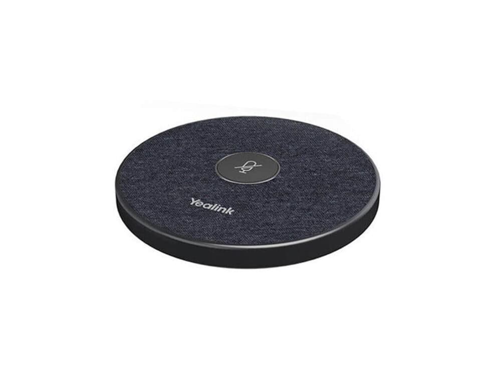 yealink vcm36 wireless video conferencing microphone Round Yealink speakerphone on white background.