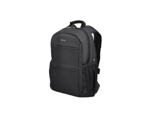 Black laptop backpack isolated on white background.
