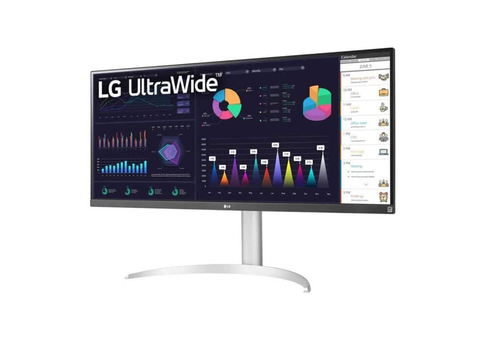 lg ultrawide 34wq650 w monitor 34", 2560 x 1080, 100hz, 5ms LG UltraWide monitor displaying graphs and calendar.
