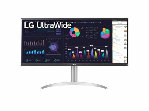 LG UltraWide monitor displaying graphs and calendar.