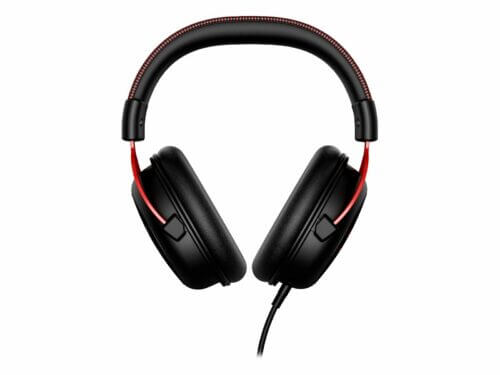 Black over-ear wired headphones with red accents