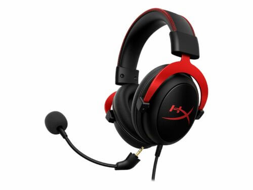 Red and black gaming headset with microphone.