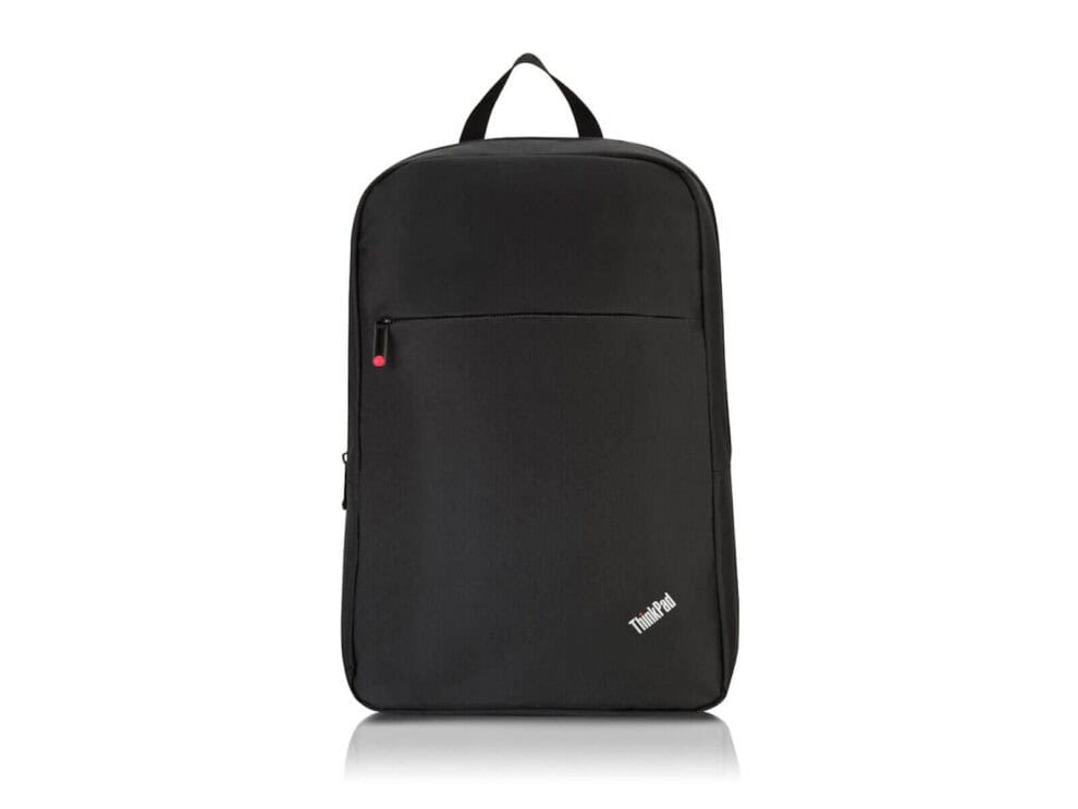 Black laptop backpack isolated on white background.
