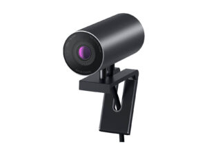 Modern black webcam with microphone and adjustable mount.