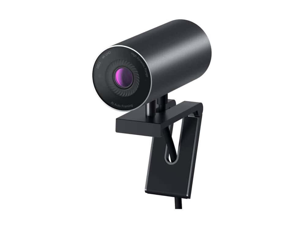 dell ultrasharp 4k webcam Modern black webcam with microphone and adjustable mount.