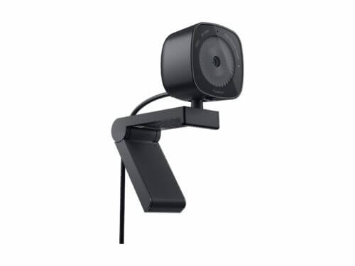 Black modern webcam with autofocus on white background.