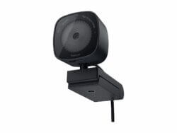 Black modern HD webcam with autofocus feature.