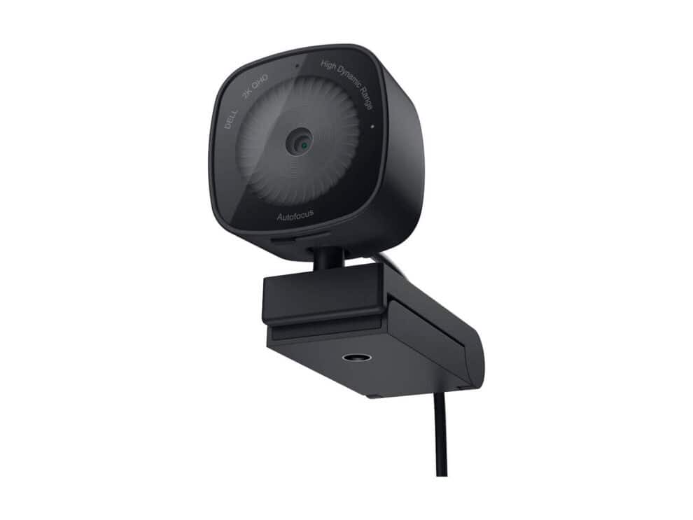 dell webcam wb3023 Black modern HD webcam with autofocus feature.