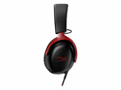 Red and black gaming headset on white background.