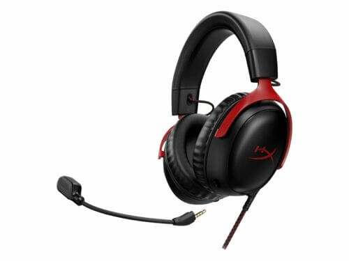 Red and black gaming headset with detachable microphone.