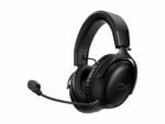Black gaming headset with microphone on white background.