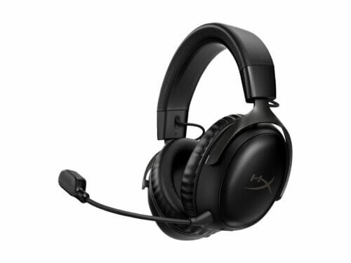 Black gaming headset with microphone on white background.