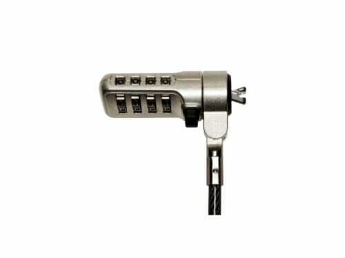 Combination lock on a cable bike lock.