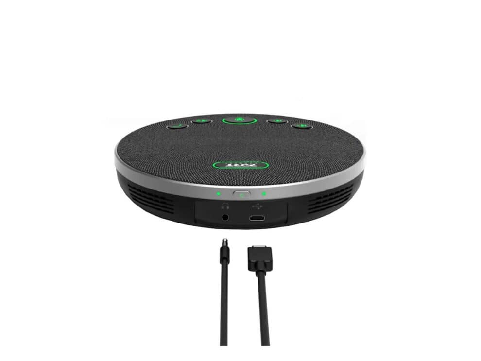 Portable Bluetooth conference speaker with microphone.
