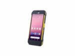 Rugged smartphone with pink screen and protective case.