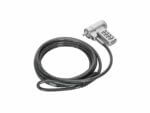 Combination lock and steel cable on white background.