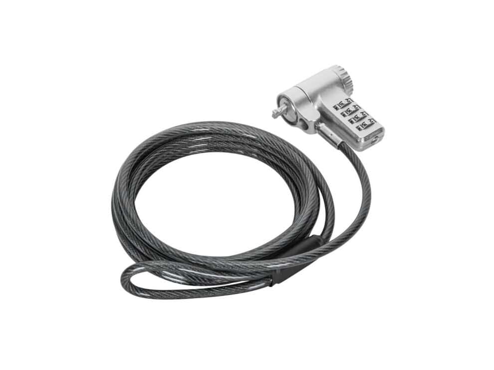 targus decon ultimate universal resettable combination lock Combination lock and steel cable on white background.