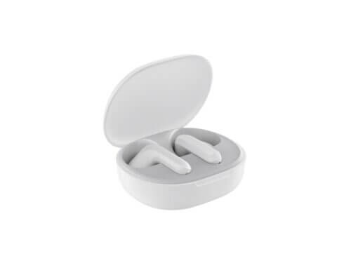 Wireless earbuds in open charging case.